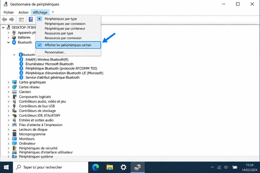 Option Afficher les périphériques cachés dans le Gestionnaire de périphériques Windows 11