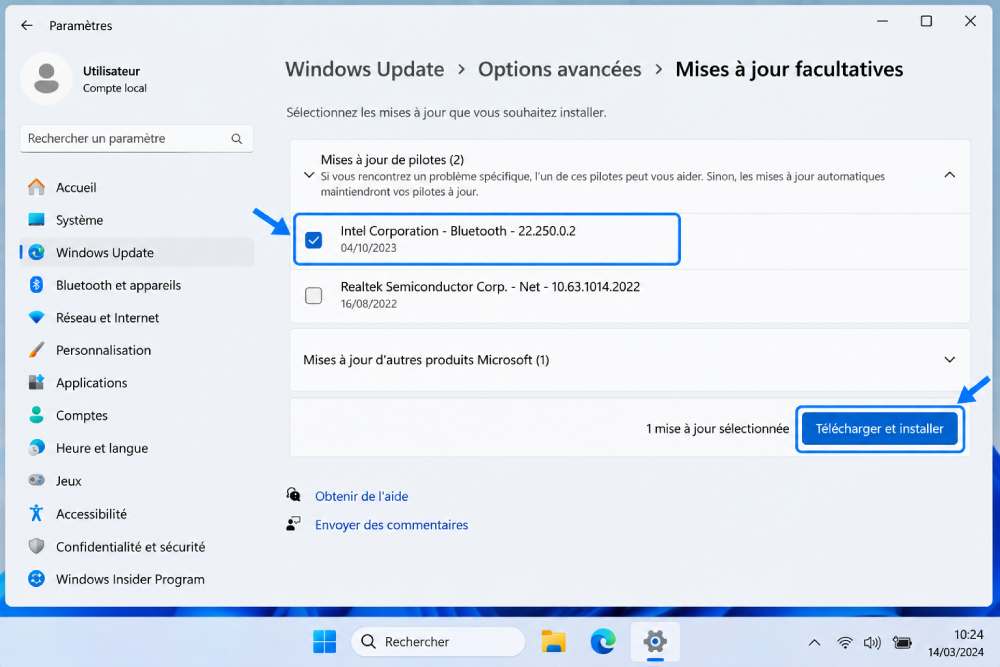 Pilote Bluetooth disponible dans les mises à jour facultatives de Windows 11