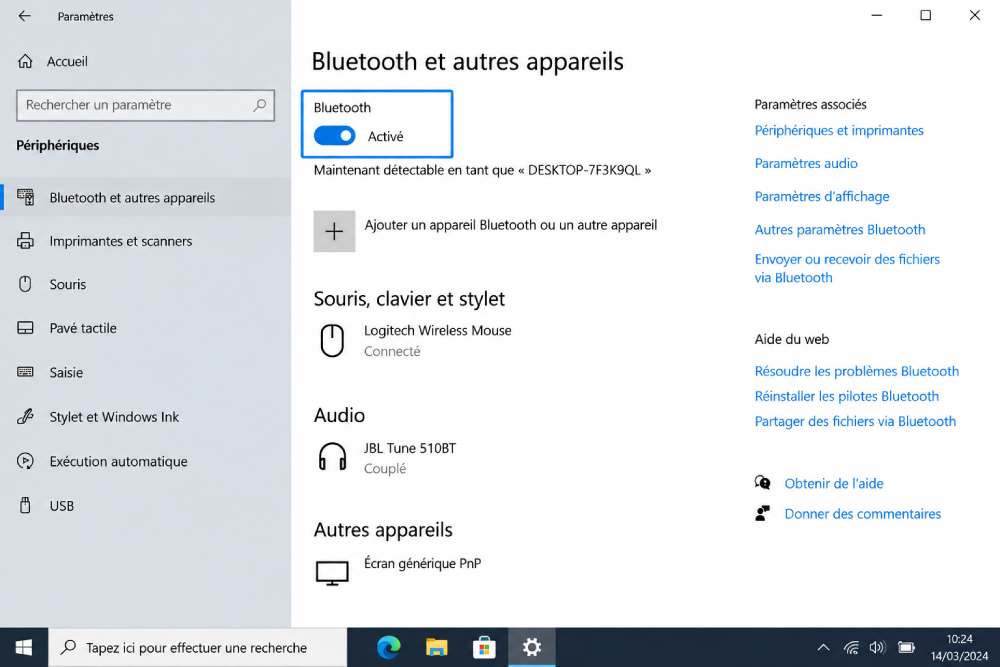 Bluetooth activé dans les paramètres de Windows 10