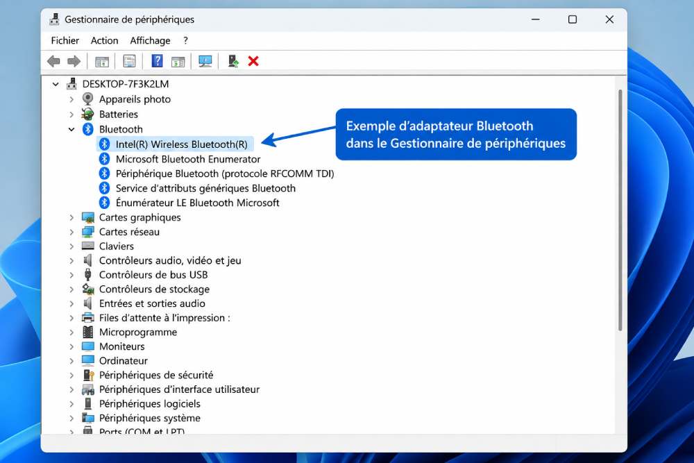 Identifier l'adaptateur Bluetooth dans le Gestionnaire de périphériques Adaptateur Bluetooth affiché dans le Gestionnaire de périphériques Windows