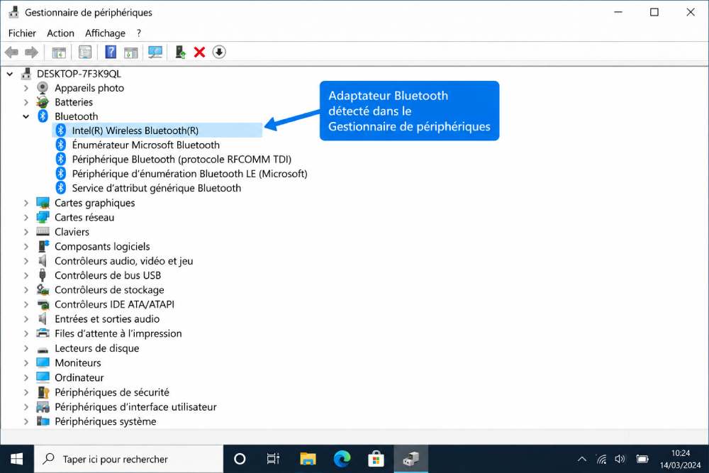 Adaptateur Bluetooth détecté dans le Gestionnaire de périphériques Windows 10