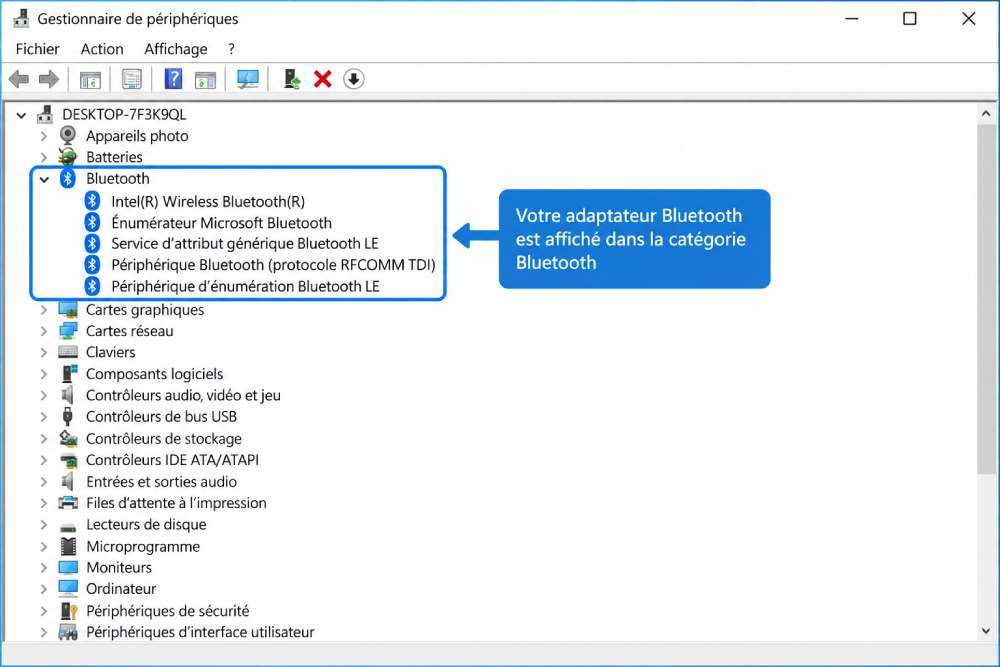 Adaptateur Bluetooth affiché dans le Gestionnaire de périphériques Windows 10