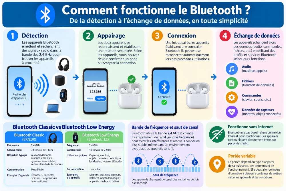 Infographie expliquant le fonctionnement du Bluetooth : détection, appairage, connexion et échange de données