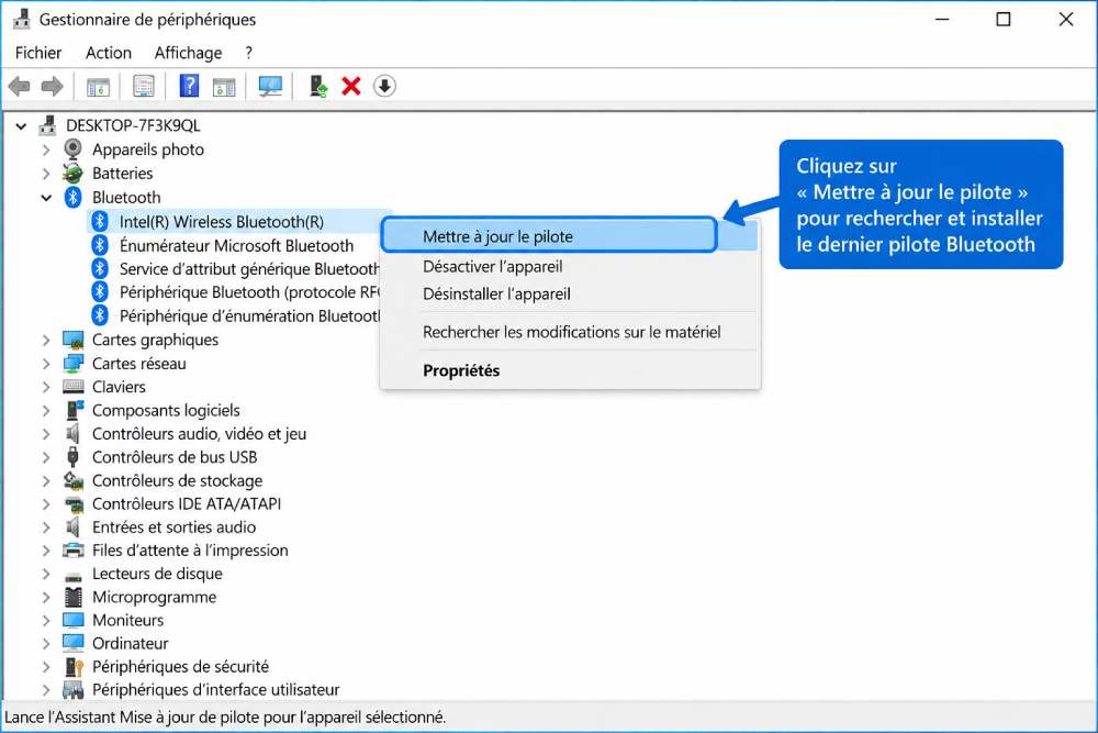Option Mettre à jour le pilote Bluetooth dans le Gestionnaire de périphériques Windows 10