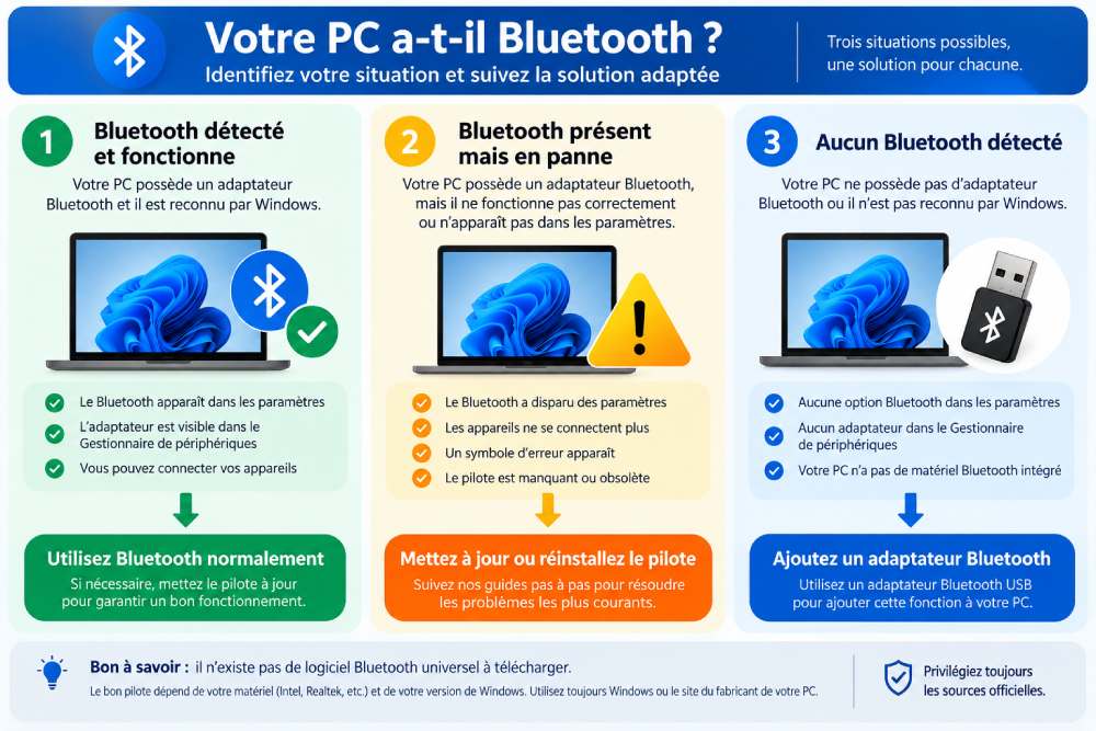Votre PC a-t-il Bluetooth ? Solutions selon votre situation Solutions Bluetooth sur PC : pilote à mettre à jour ou adaptateur Bluetooth USB