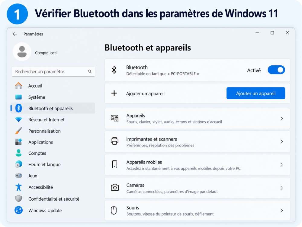 Vérifier Bluetooth sur un PC Windows 11 Paramètres Bluetooth et appareils sur un PC Windows 11