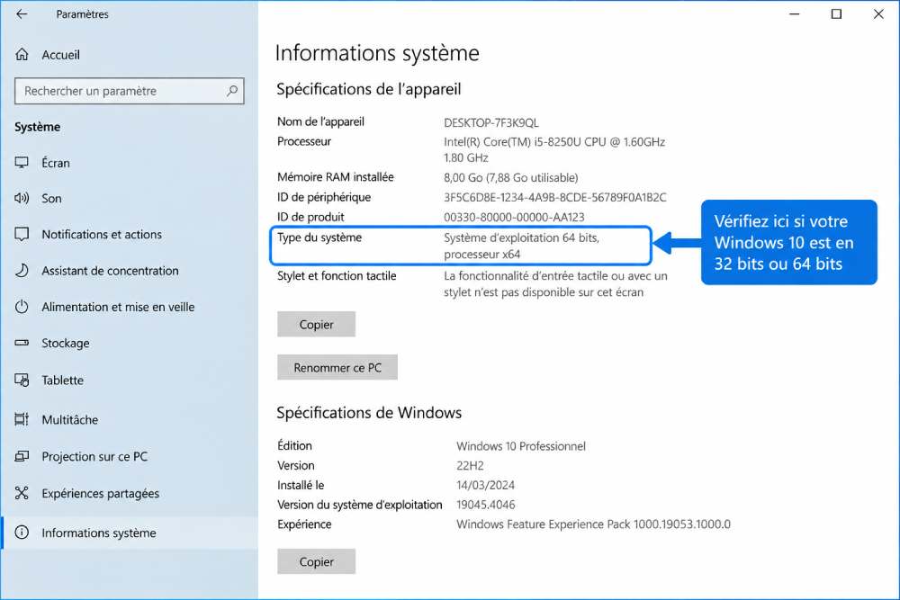 Type du système Windows 10 indiquant un système d'exploitation 64 bits